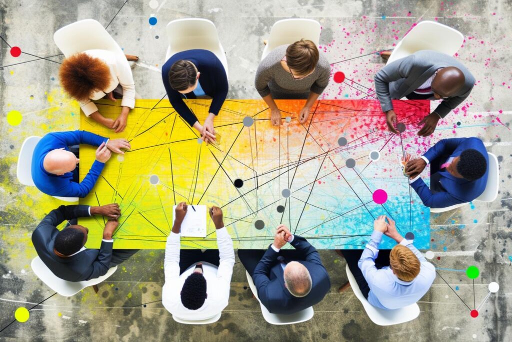 1 group-people-sitting-around-colorful-table