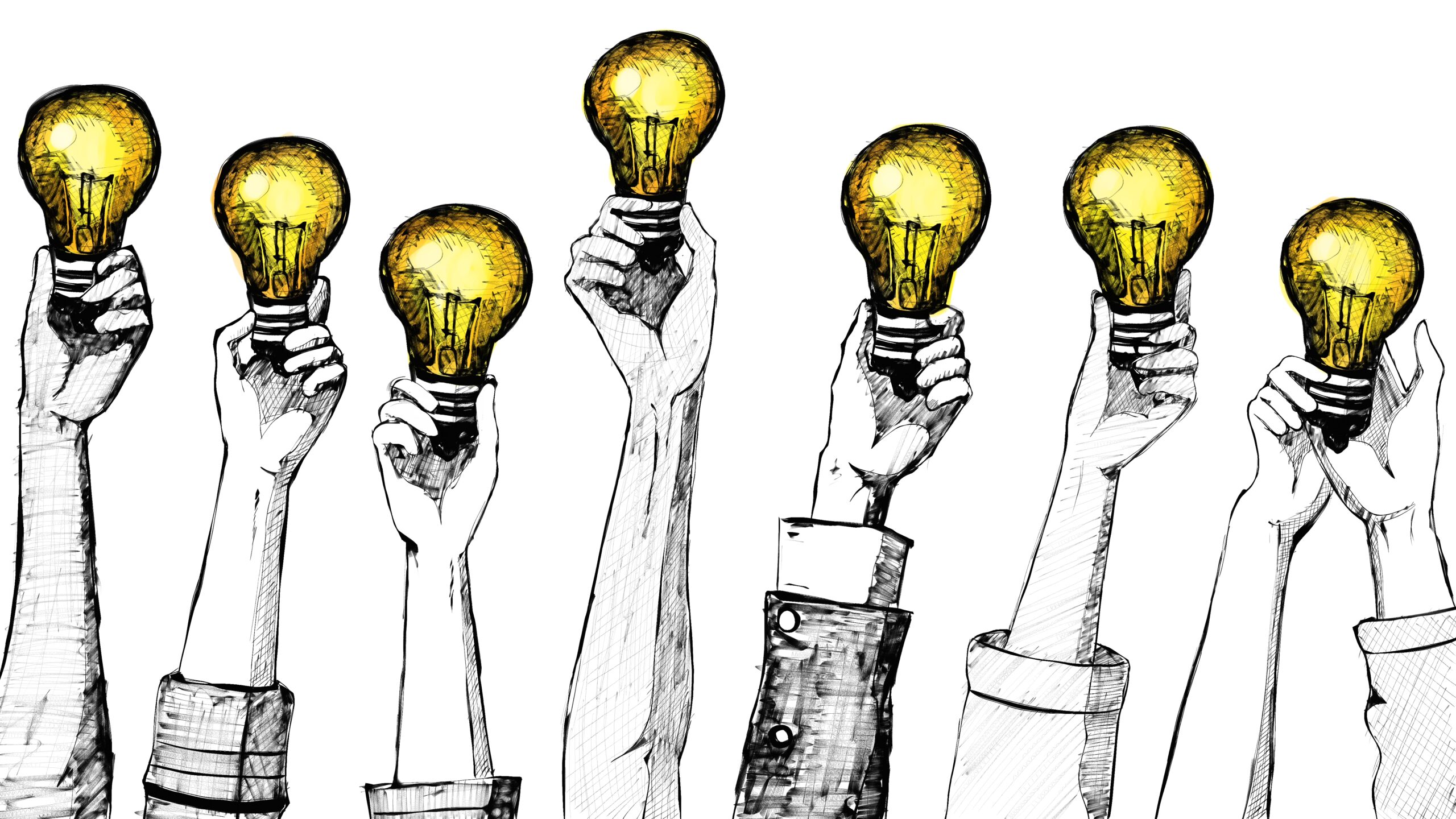 Multiple hands holding illuminated light bulbs upwards
